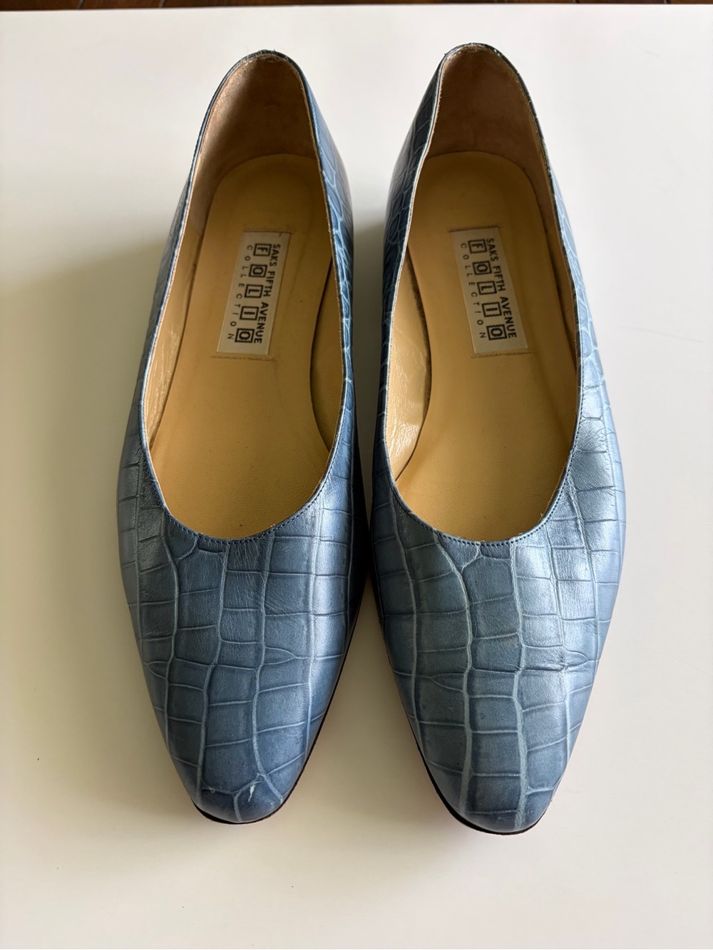 Saks Fifth Avenue  (Folio Collection) 10B light blue croc-embossed leather flat.